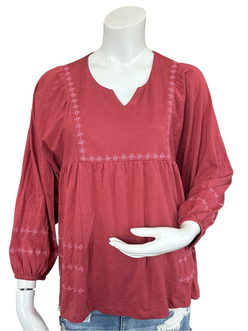 Gudrun Sjoden Organic Cotton Pale Red Embroidered Peasant Boxy Blouse Size Small